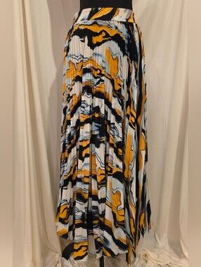 jCL Maxi Skirt Abstract Print Mustard Yellow, Black, White Blue Sz Small  EUC